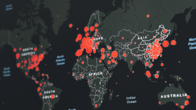 A world map with various red dots on it.